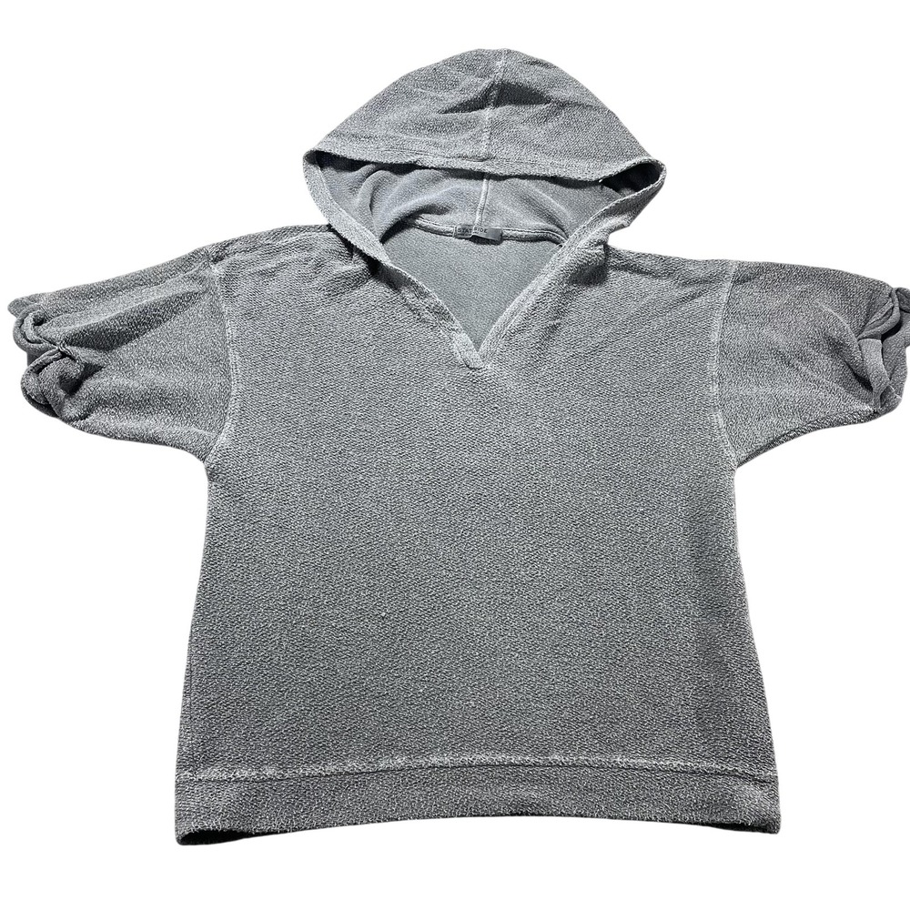 Stateside Shirt Womens Medium Gray Terry Hooded V-Neck Short Sleeve Pullover Top